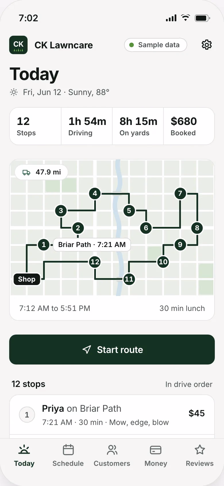 The CK Lawncare app on a phone at 7:02 AM: 12 stops mapped in drive order, with sample data.