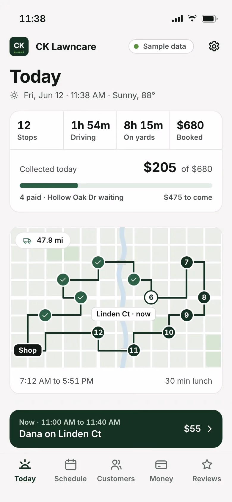 The CK Lawncare app on a phone at 11:38 AM: today's route, 5 of 12 yards done, with sample data.