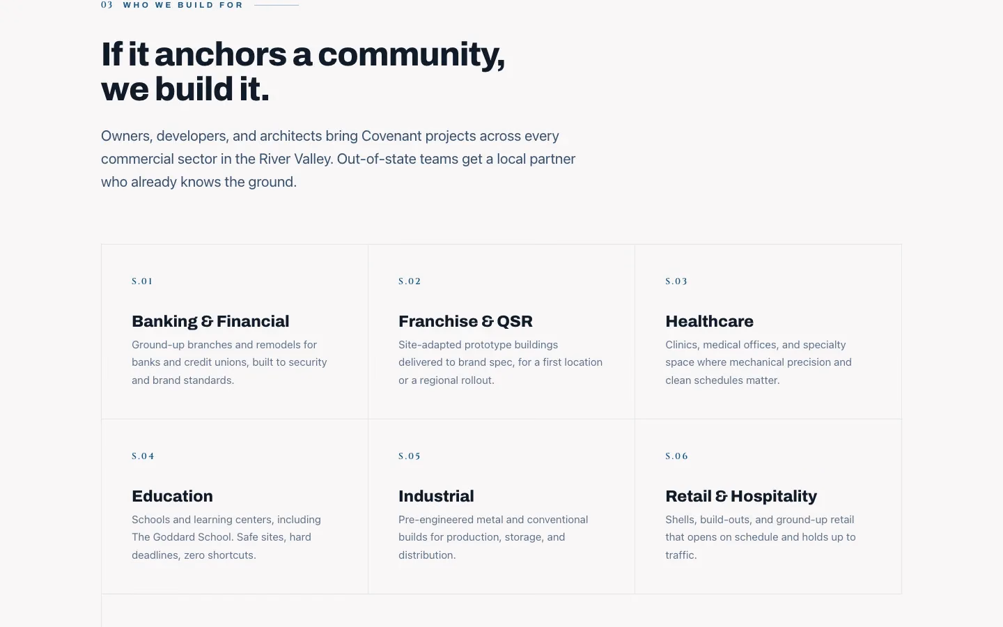 Who Covenant Commercial Construction builds for, on its home page: the heading and its sectors.