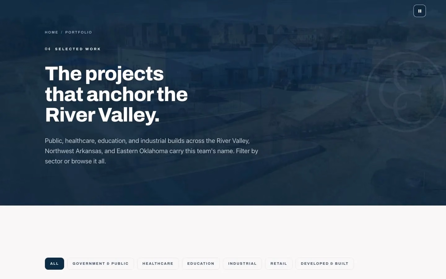 The Covenant Commercial Construction portfolio on a desktop: the featured project, then its projects with photos.