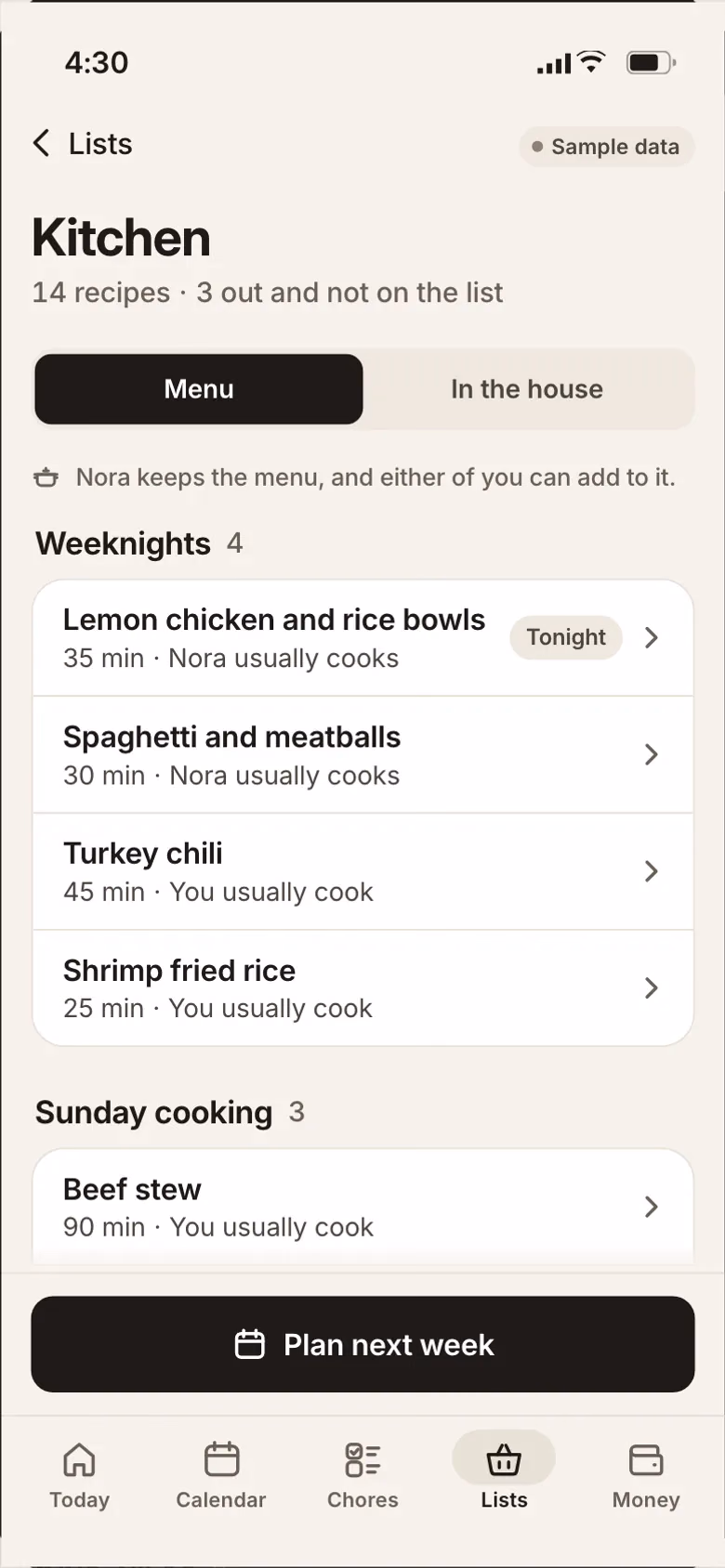 A family's own app on a phone: the family kitchen's menu of recipes in sections, who usually cooks each and tonight's dinner, with sample data.