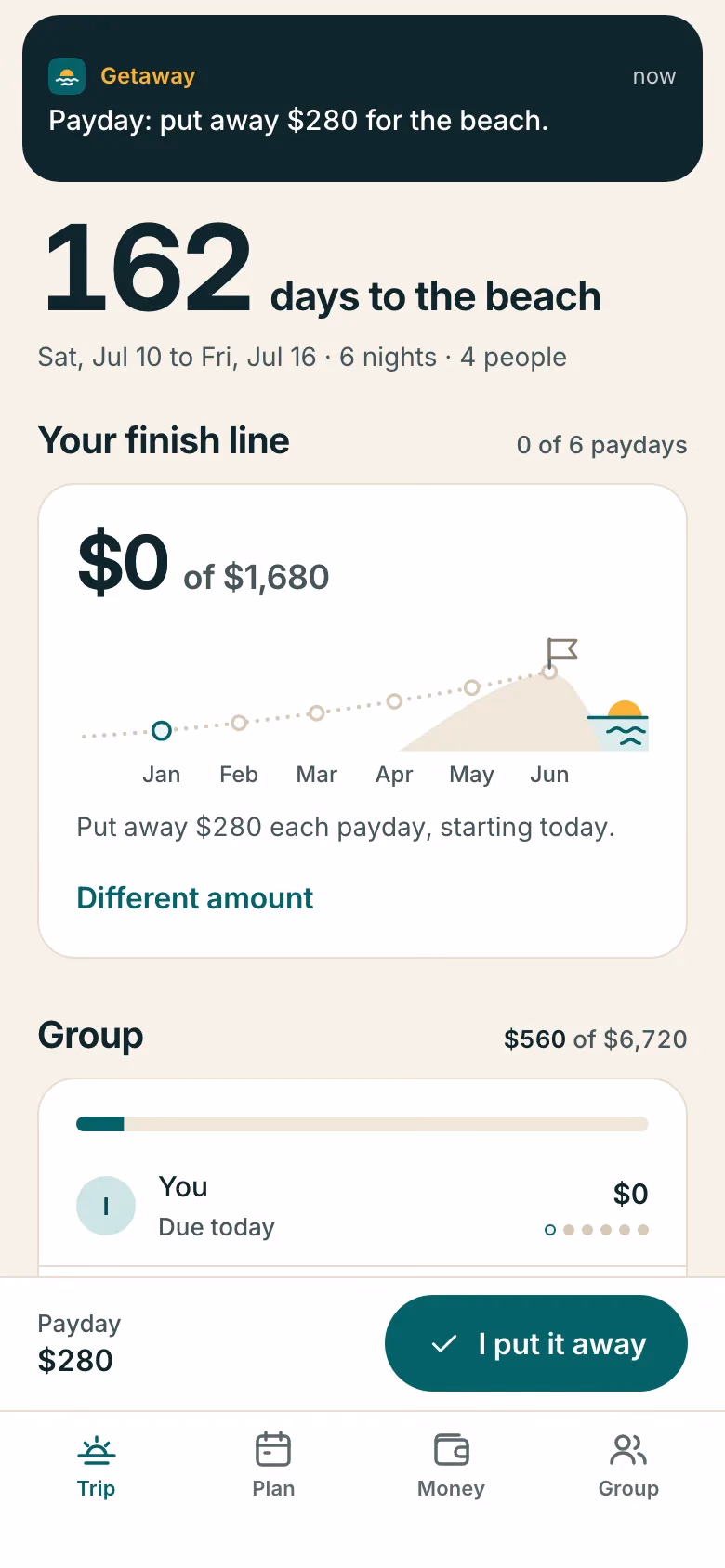 The Getaway app on a phone: payday, this month’s amount put away in 1 tap, with sample data.