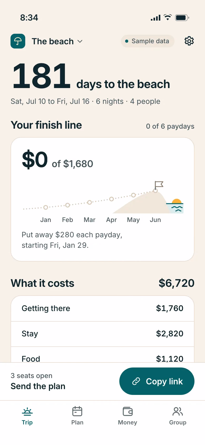 The Getaway app on a phone: a beach trip for 4 set in January, with what to save each payday, with sample data.