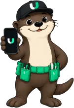 Otis, the Joiner otter, holding a phone with an app on it.