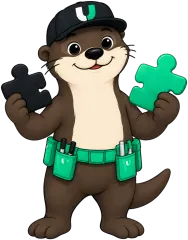 Otis, the Joiner otter, holding 2 puzzle pieces.