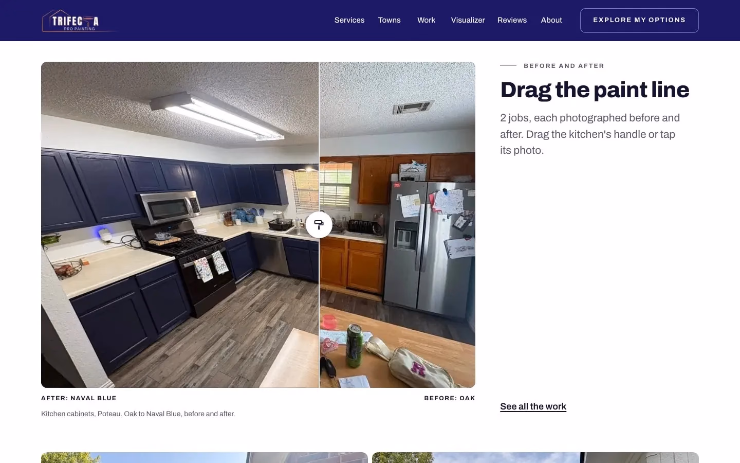A kitchen on the Trifecta Pro Painting home page, its paint line dragged from the oak before to the blue after.