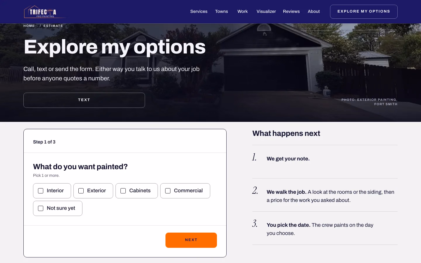 The first step of the Trifecta Pro Painting estimate form on a desktop: what do you want painted?