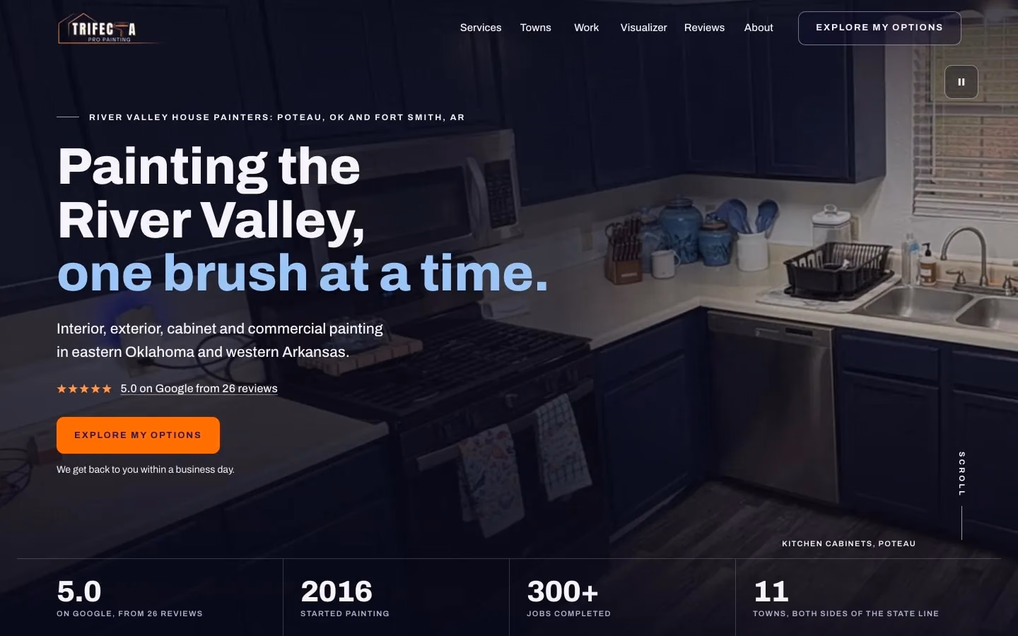 The Trifecta Pro Painting home page on a desktop: the paint pour opener, then the hero over his reel of finished rooms.