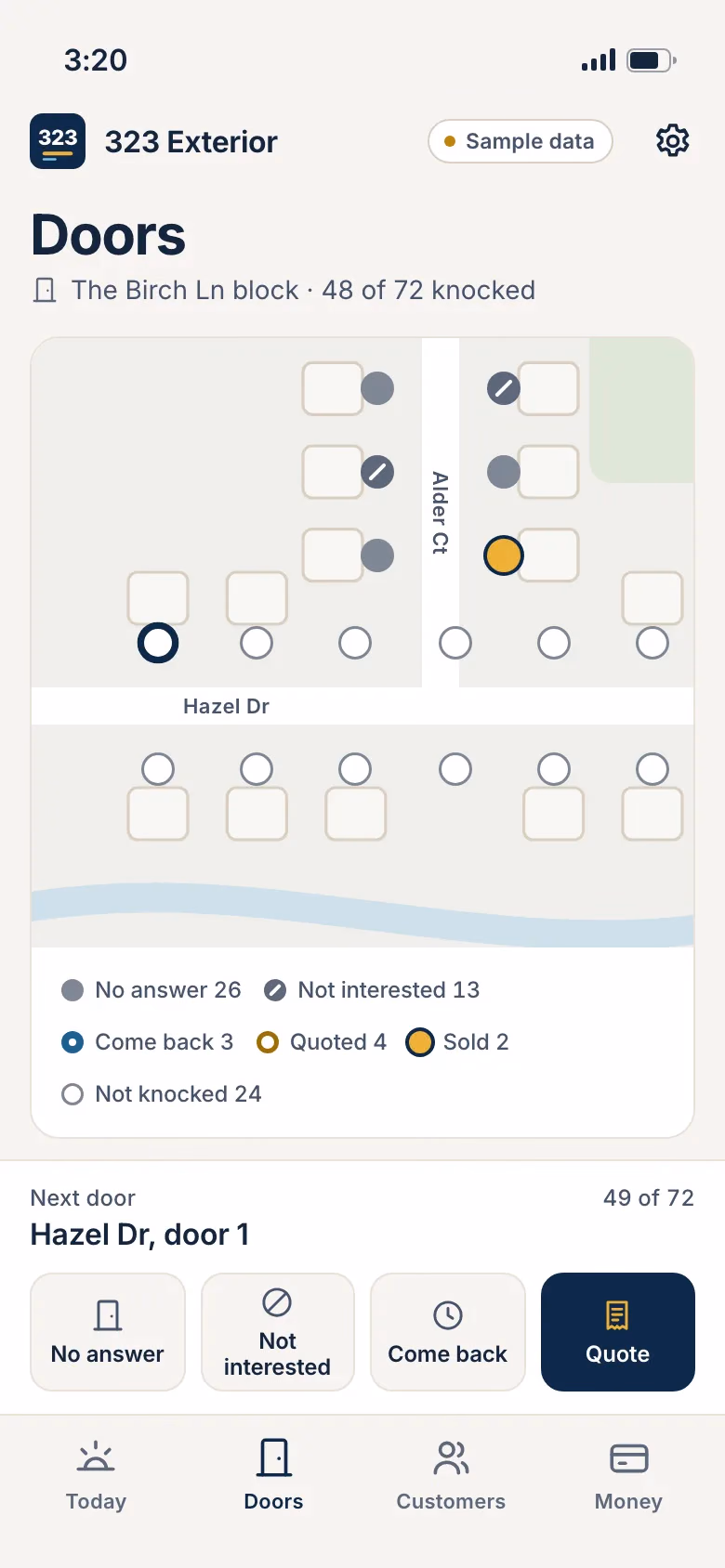 The 323 Exterior app on a phone: a block map of doors knocked and the next door to knock, with sample data.