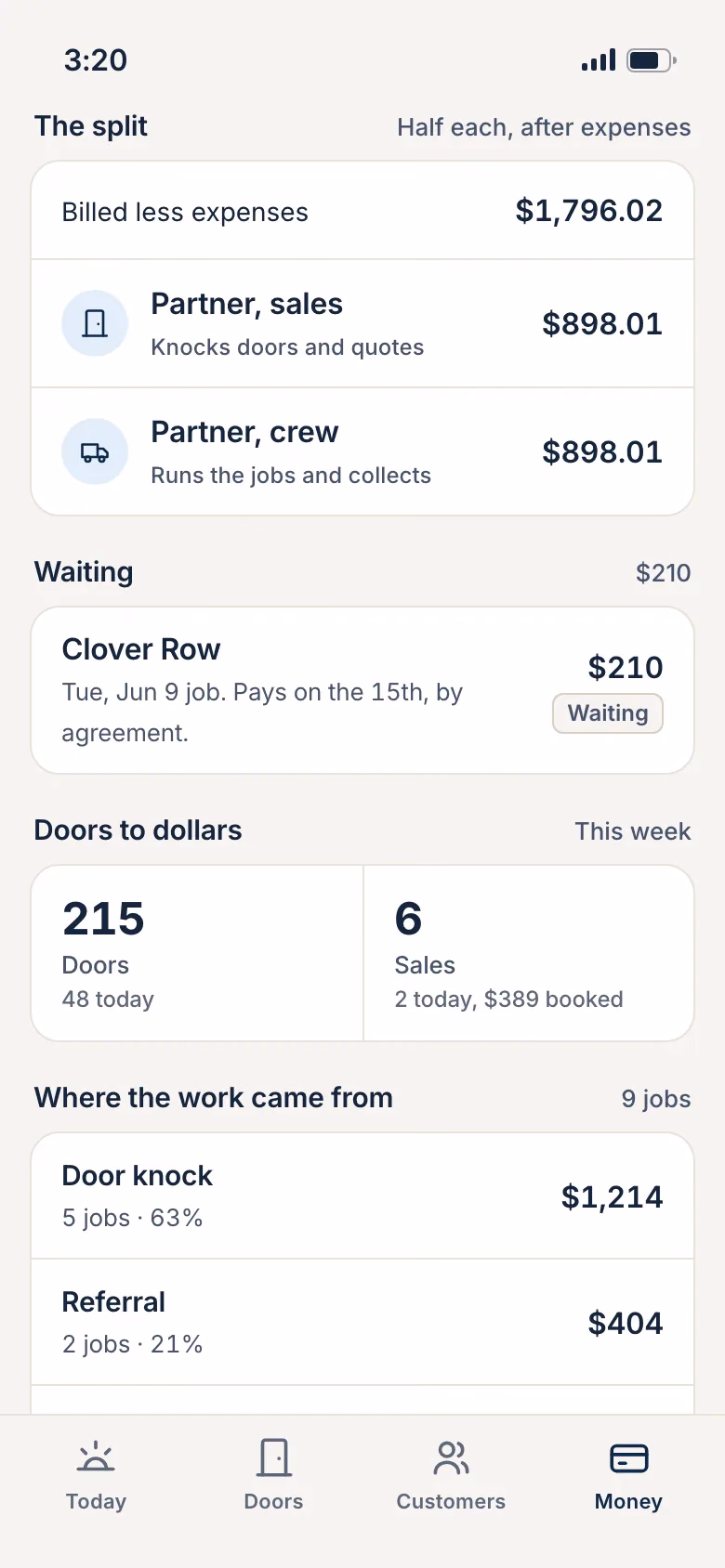 The 323 Exterior app on a phone: this week's billed and expenses split evenly between the 2 partners, with sample data.