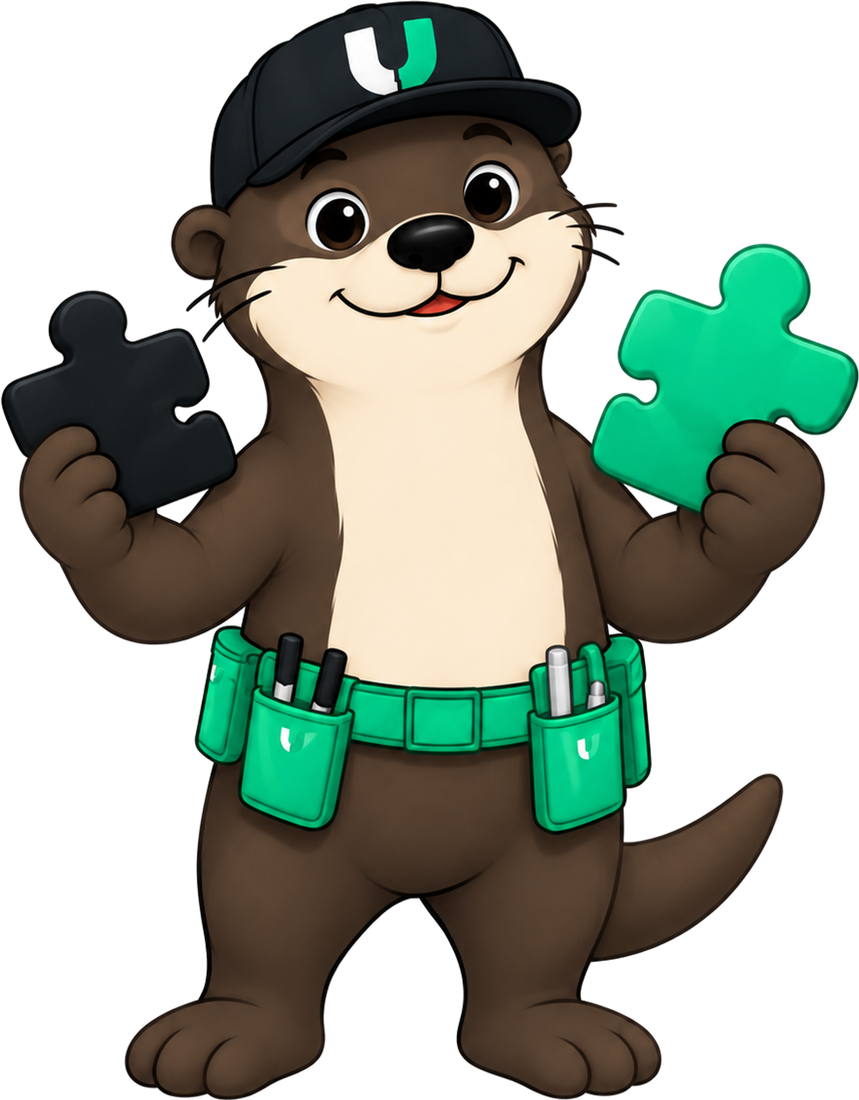 Otto the otter, cap and tool belt on, fitting a puzzle piece into place